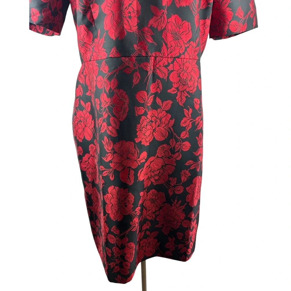 NWT Talbots Back Bow Floral Jacquard A-Line Dress Red Black Lined Zip Size 14 - Picture 11 of 16
